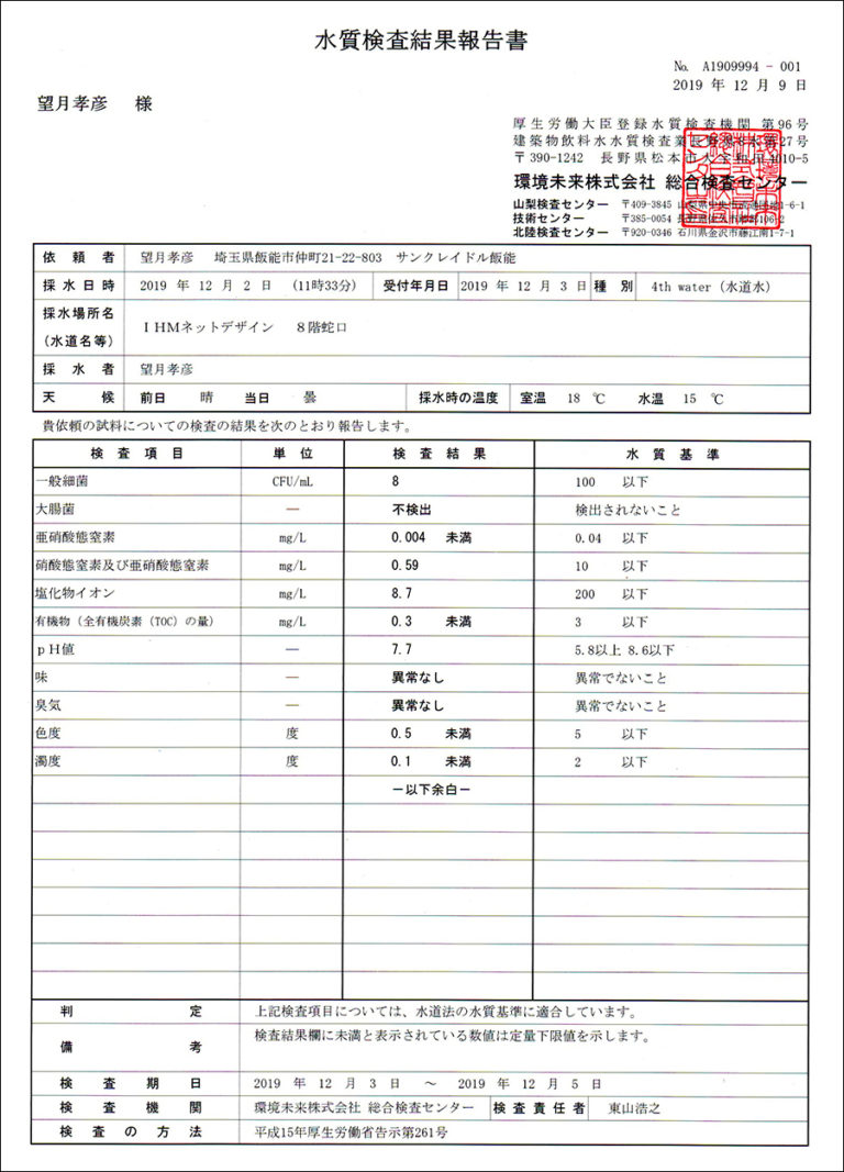 水質検査報告書 4th water